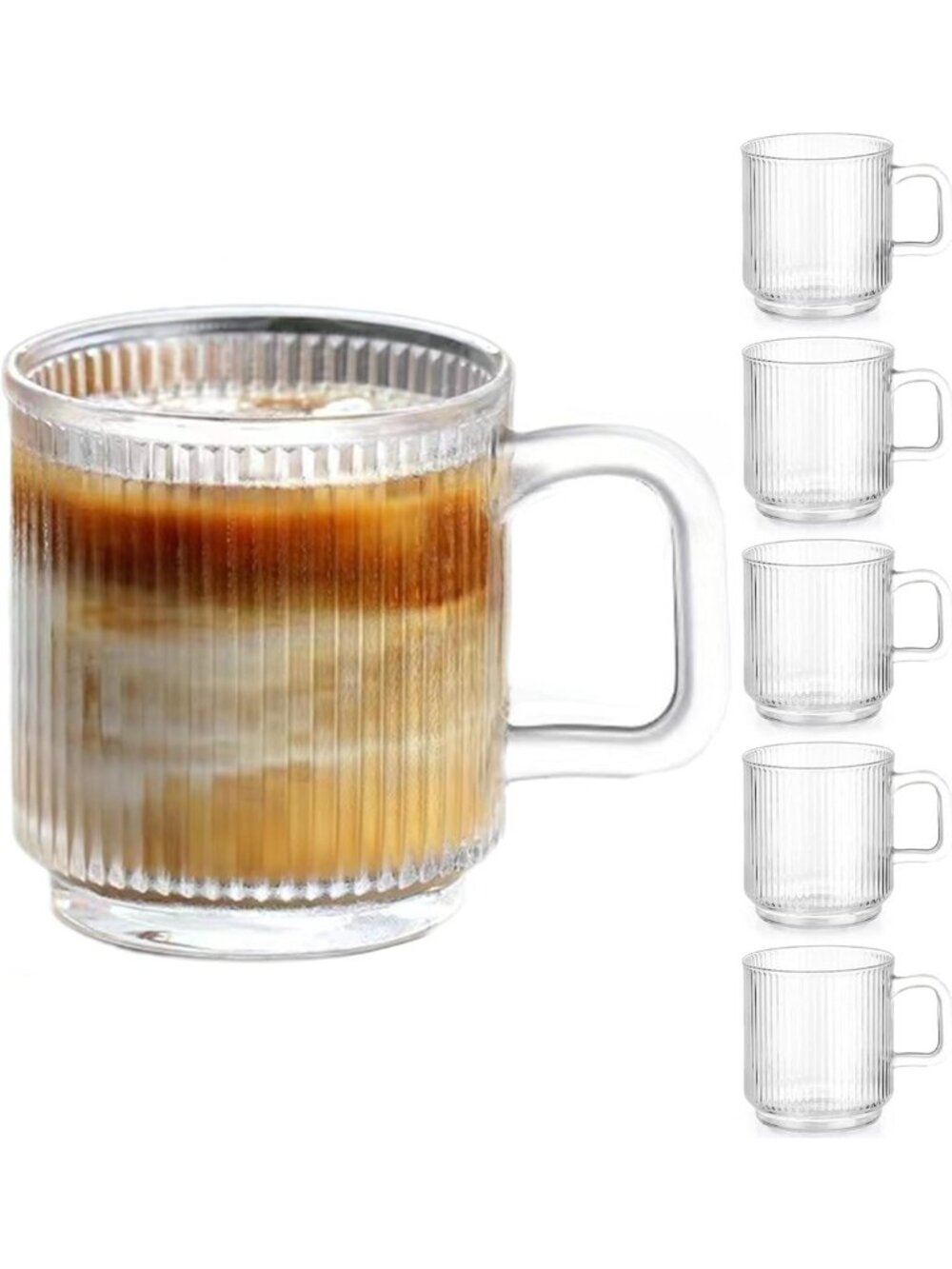 6-Pack Premium Glass Coffee Mugs, 12oz Striped Cups for Hot/Cold Beverages